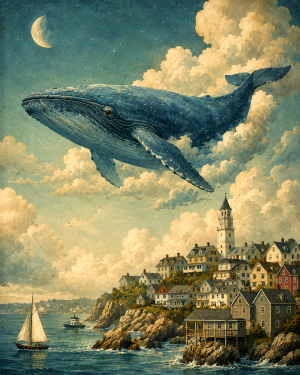 Surreal Whale Above Coastal Town - Coast Wall Art