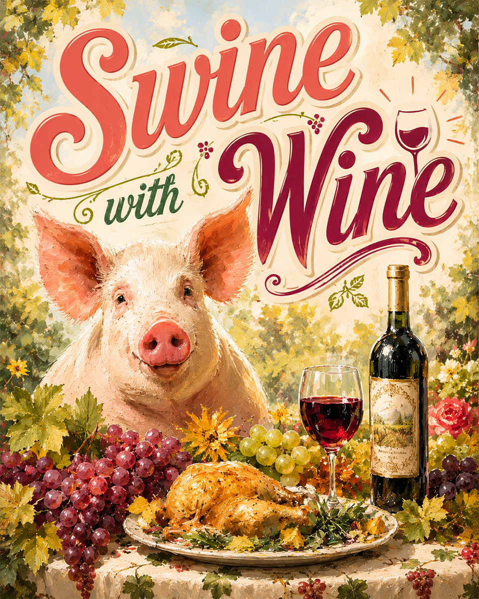 Swine with Wine - Pig - Whimsical Kitchen Wall Decor