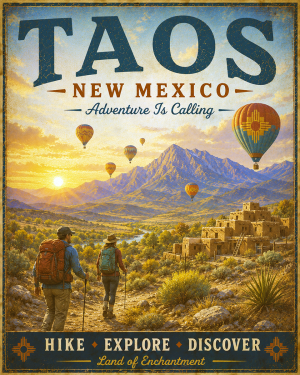 Taos New Mexico - Adventure Is Calling Art Print - Vintage Travel Poster Mountain Town Wilderness Wall Decor
