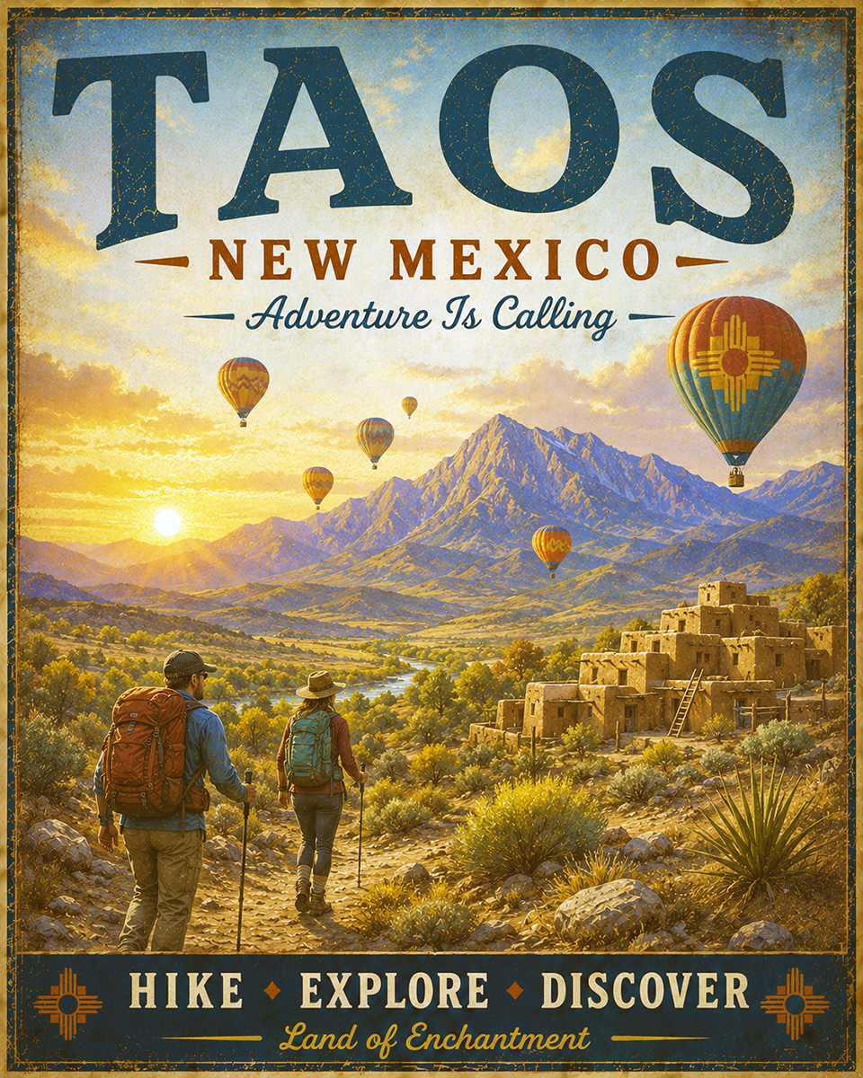 Taos New Mexico - Adventure Is Calling Art Print - Vintage Travel Poster Mountain Town Wilderness Wall Decor