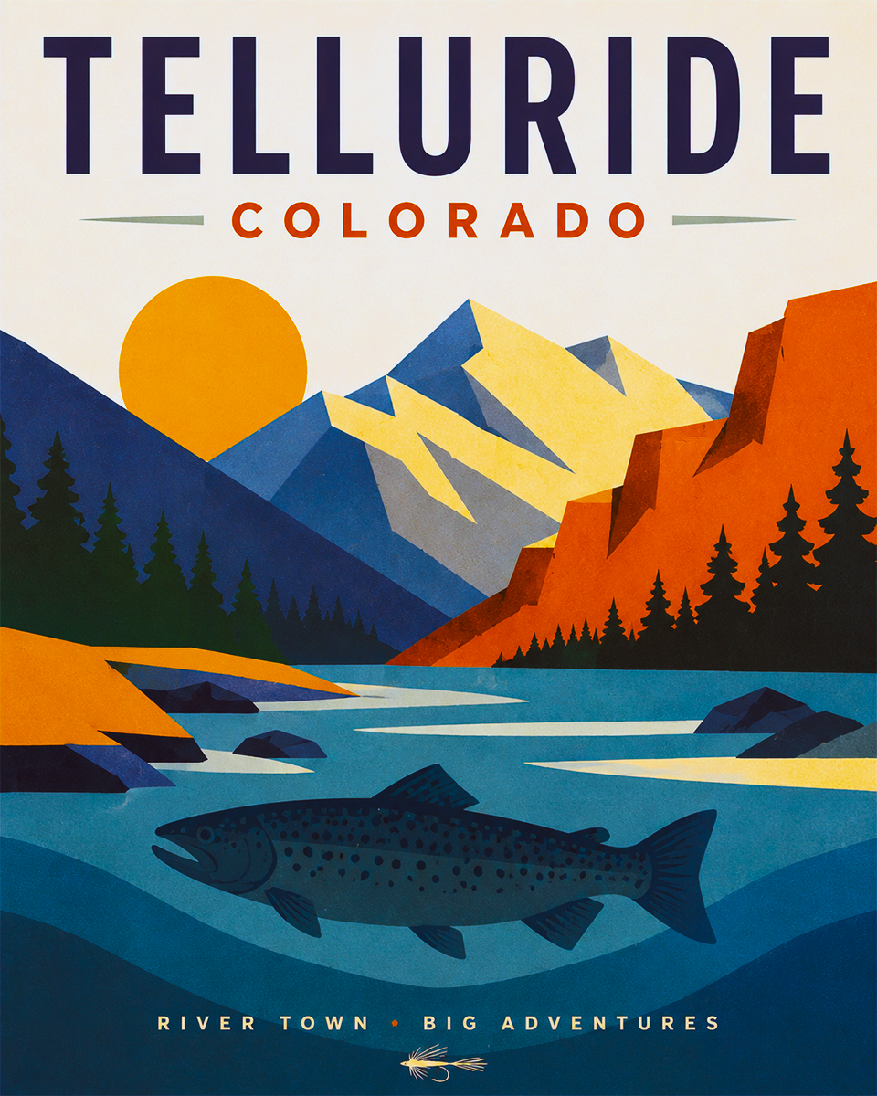 Telluride Colorado Fishing Art Print - Vintage Lake and Fly Fishing Wall Decor