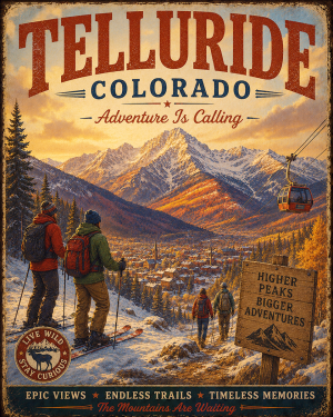 Telluride Colorado - Adventure Is Calling Art Print - Vintage Travel Poster Mountain Town Wilderness Wall Decor