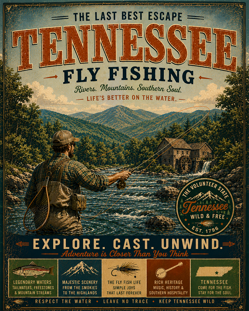 Tennessee - Fly Fishing Vintage Retro Poster Art Print
