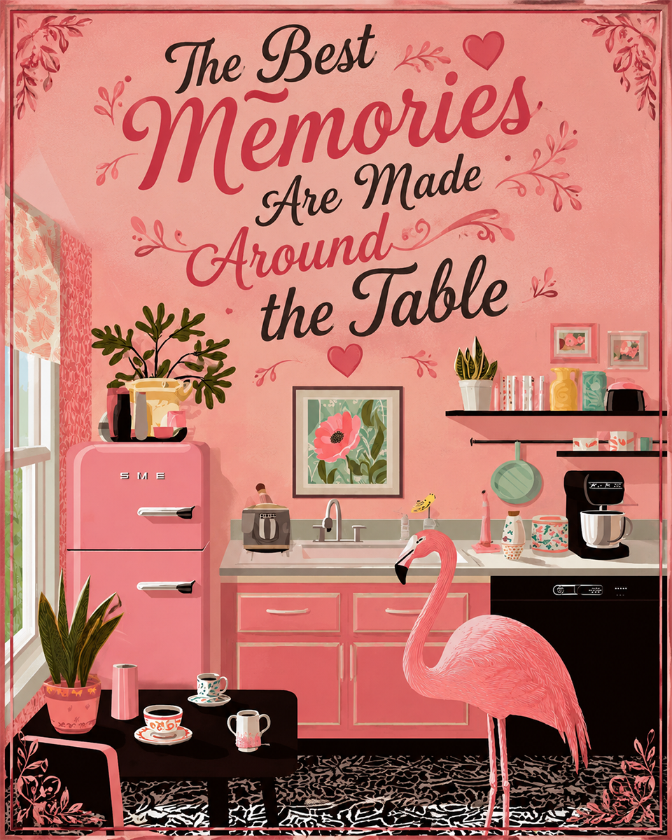 The Best Memories Are Made Around the Table - Flamingo - Whimsical Kitchen Wall Decor