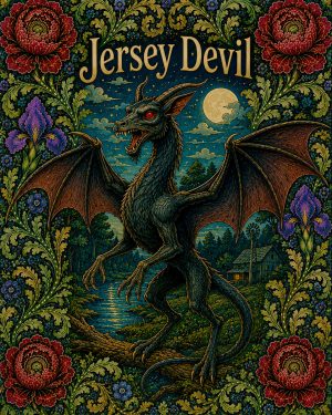 The Jersey Devil - Labeled - Art Nouveau Cryptid Artwork
