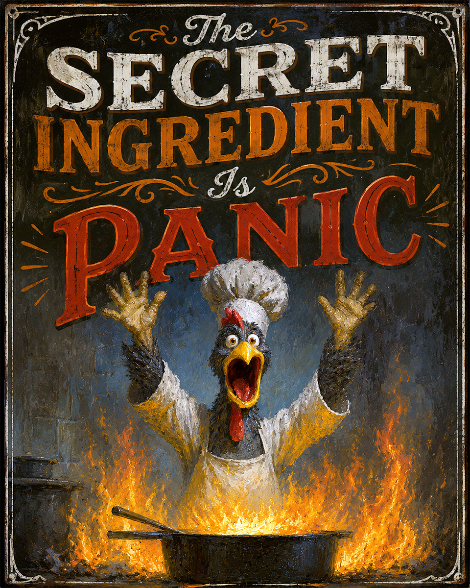 The Secret Ingredient Is Panic - Chicken - Whimsical Kitchen Wall Decor
