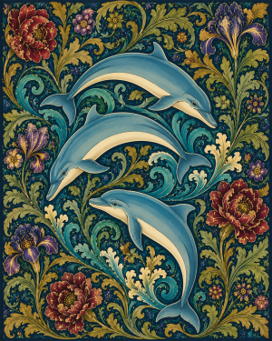 Three Dolphins - 19th Century Arts and Crafts Style Art Print
