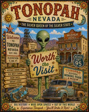 Tonopah Nevada - Folk Art Style Alien Worth The Trip Art Print
