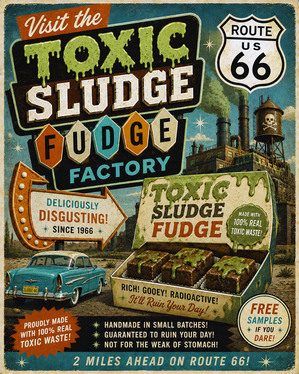 Toxic Sludge Fudge Factory - Route 66 Parody Poster