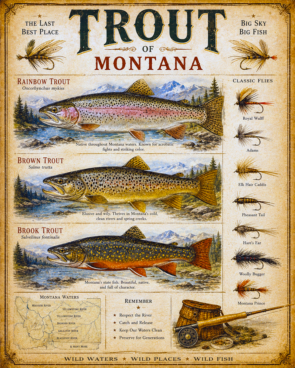 Trout of MOntana - Fishing Art Print - Vintage Lake and Fly Fishing Wall Decor