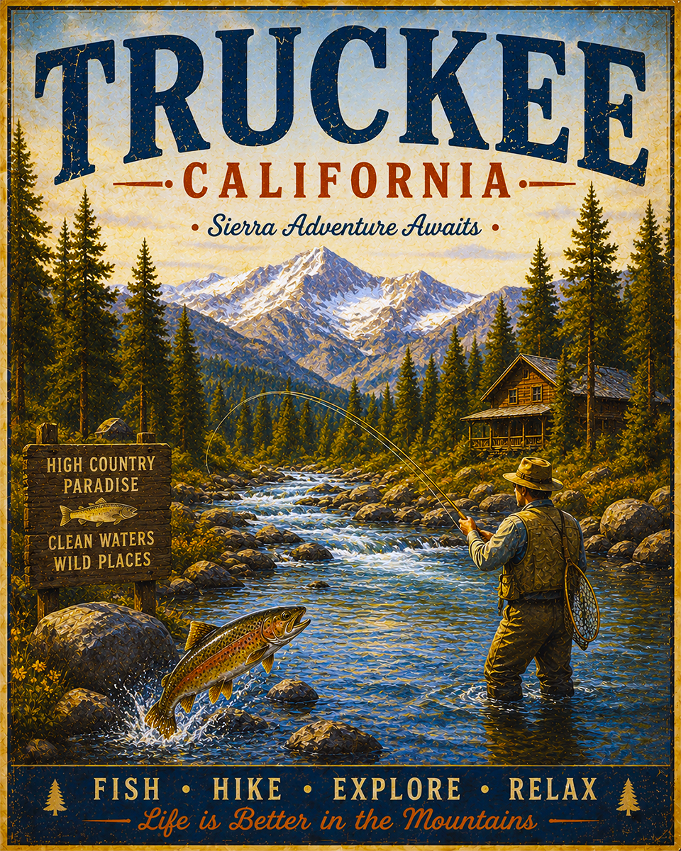 Truckee California Fishing Art Print - Vintage Lake and Fly Fishing Wall Decor