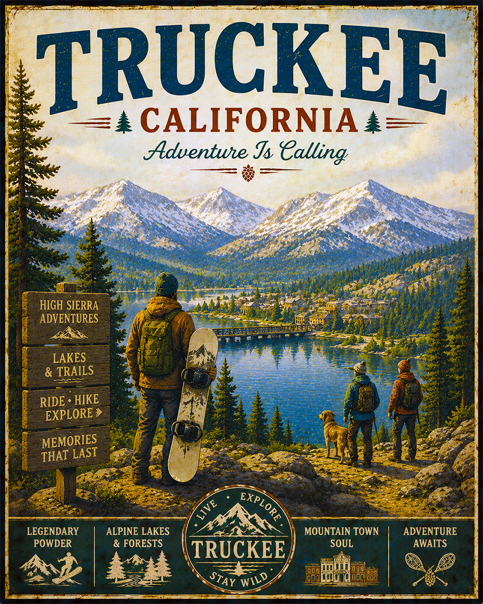 Truckee California - Adventure Is Calling Art Print - Vintage Travel Poster Mountain Town Wilderness Wall Decor