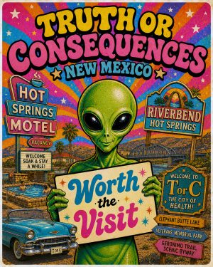 Truth or Consequences New Mexico - 60s Style Alien Worth The Trip Art Print