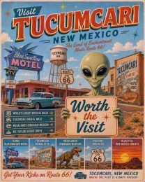 Tucumcari New Mexico - Mid Central Modern Style Alien Worth The Trip Art Print