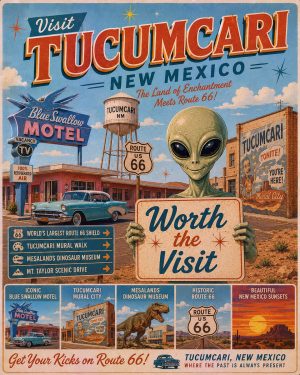 Tucumcari New Mexico - Mid Central Modern Style Alien Worth The Trip Art Print