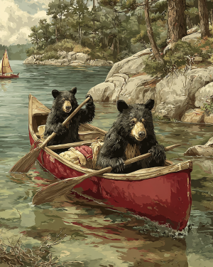 Two Cubs Canoeing Upstream - Black Bear Art Print