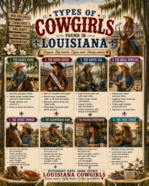 Types of Cowgirls in Louisiana Chart - Souvenir Art Print