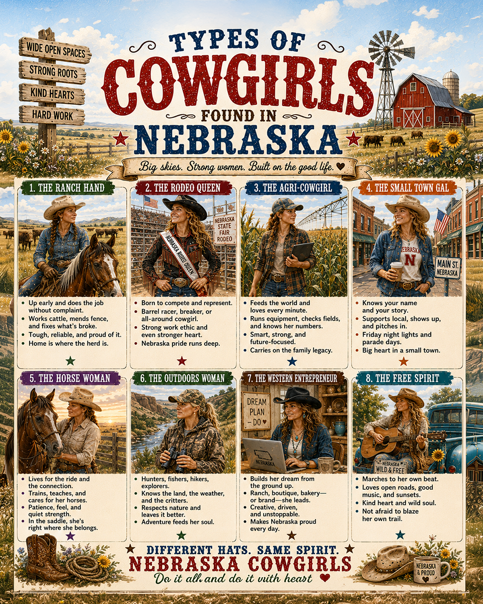 Types of Cowgirls in Nebraska Chart - Souvenir Art Print
