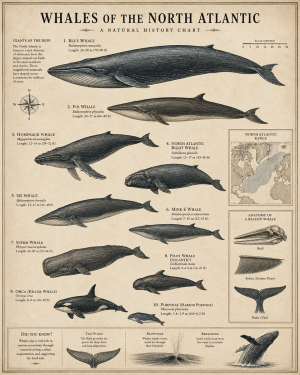 Types of Whales Illistration - Coastal Wall Art