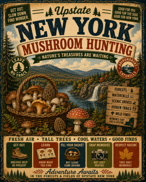 Upstate New York - Vintage Retro Mushroom Hunting Poster Art Print