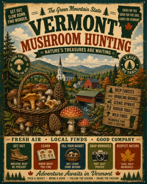 Vermont - Vintage Retro Mushroom Hunting Poster Art Print