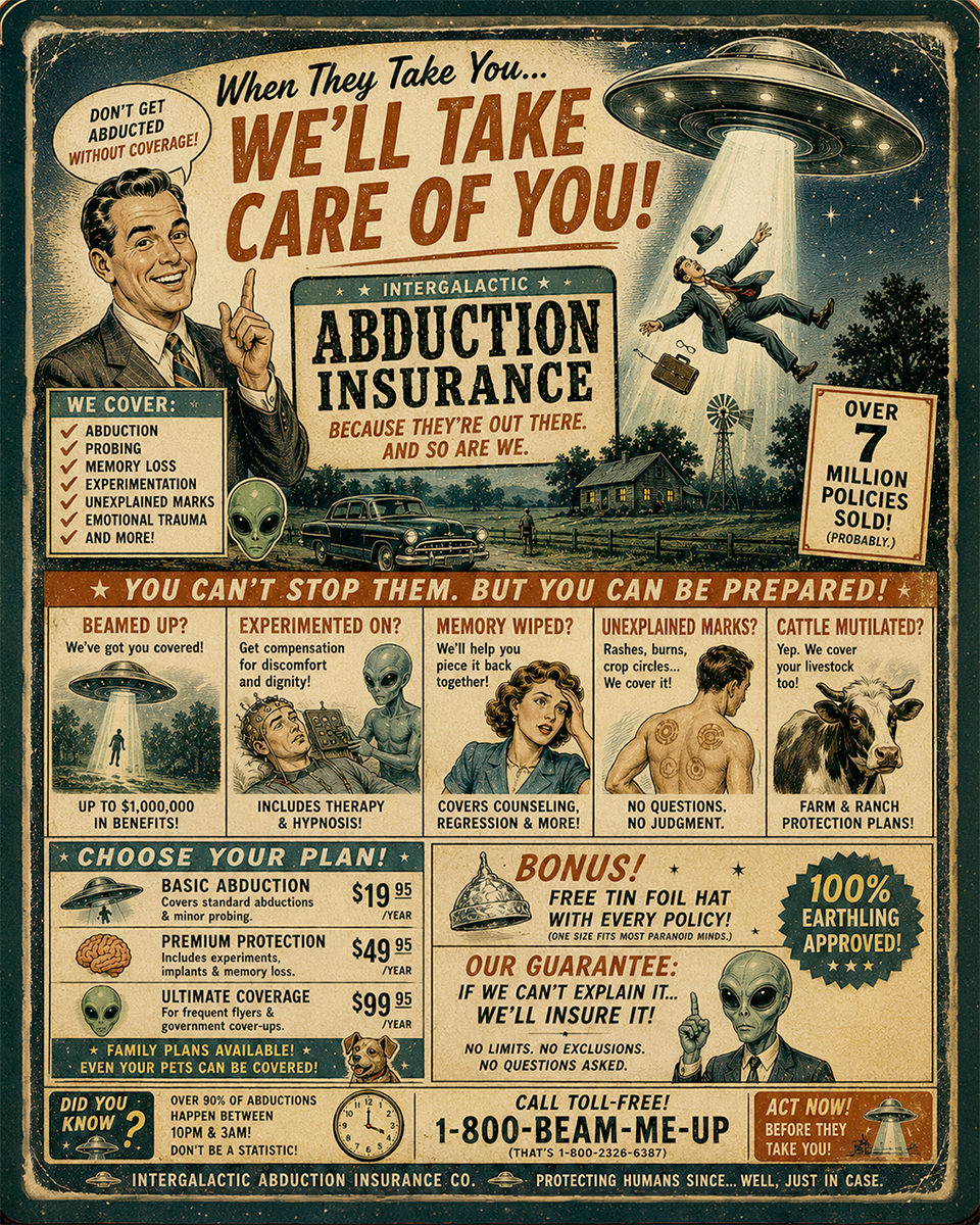 Vintage Advertising Parody Alien Abduction Insurance Ad