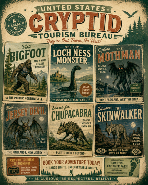Vintage Advertising Parody Cryptid Tourism Bureau Ad