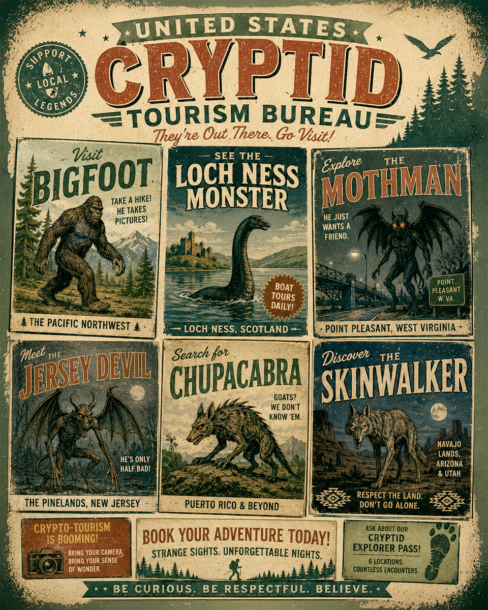 Vintage Advertising Parody Cryptid Tourism Bureau Ad