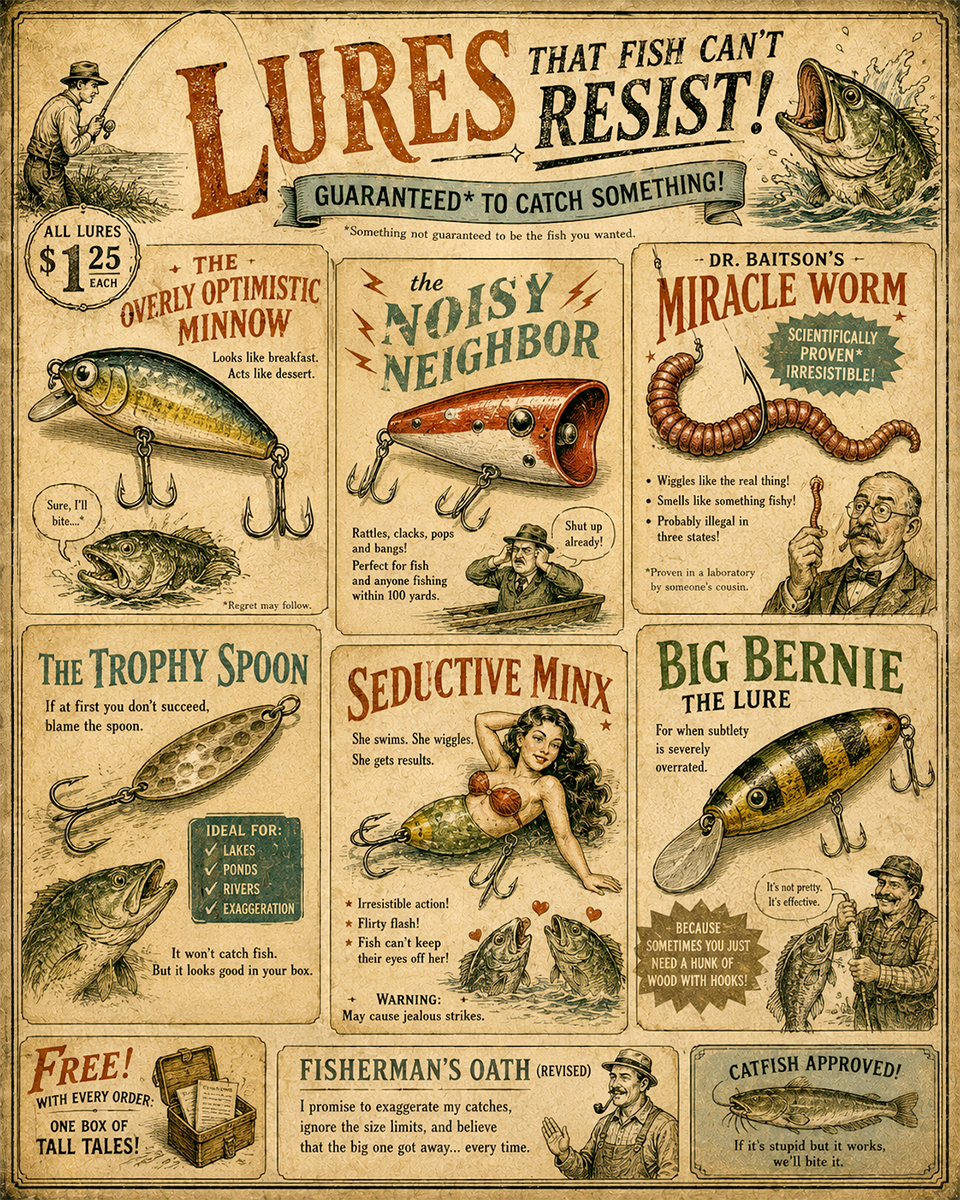 Vintage Advertising Parody Fishing Lures Ad