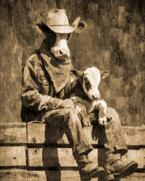 Vintage Cow Cowboy with Calf - Cow Art Print