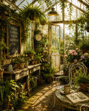 Vintage Greenhouse Overflowing with Plants - Cottagecore Art Prints