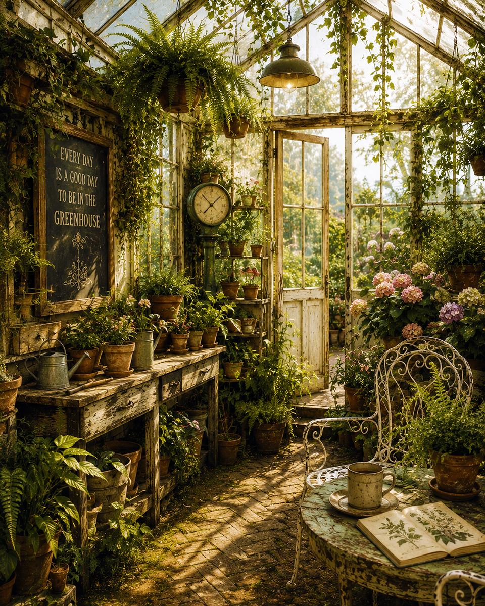 Vintage Greenhouse Overflowing with Plants - Cottagecore Art Prints