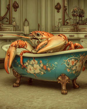 Vintage Lobster Artwork - Giant in Bathtub - Bathroom Art