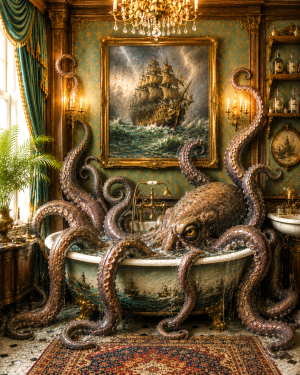 Vintage Nautical Artwork - Giant Octopus in Bathtub - Bathroom Art