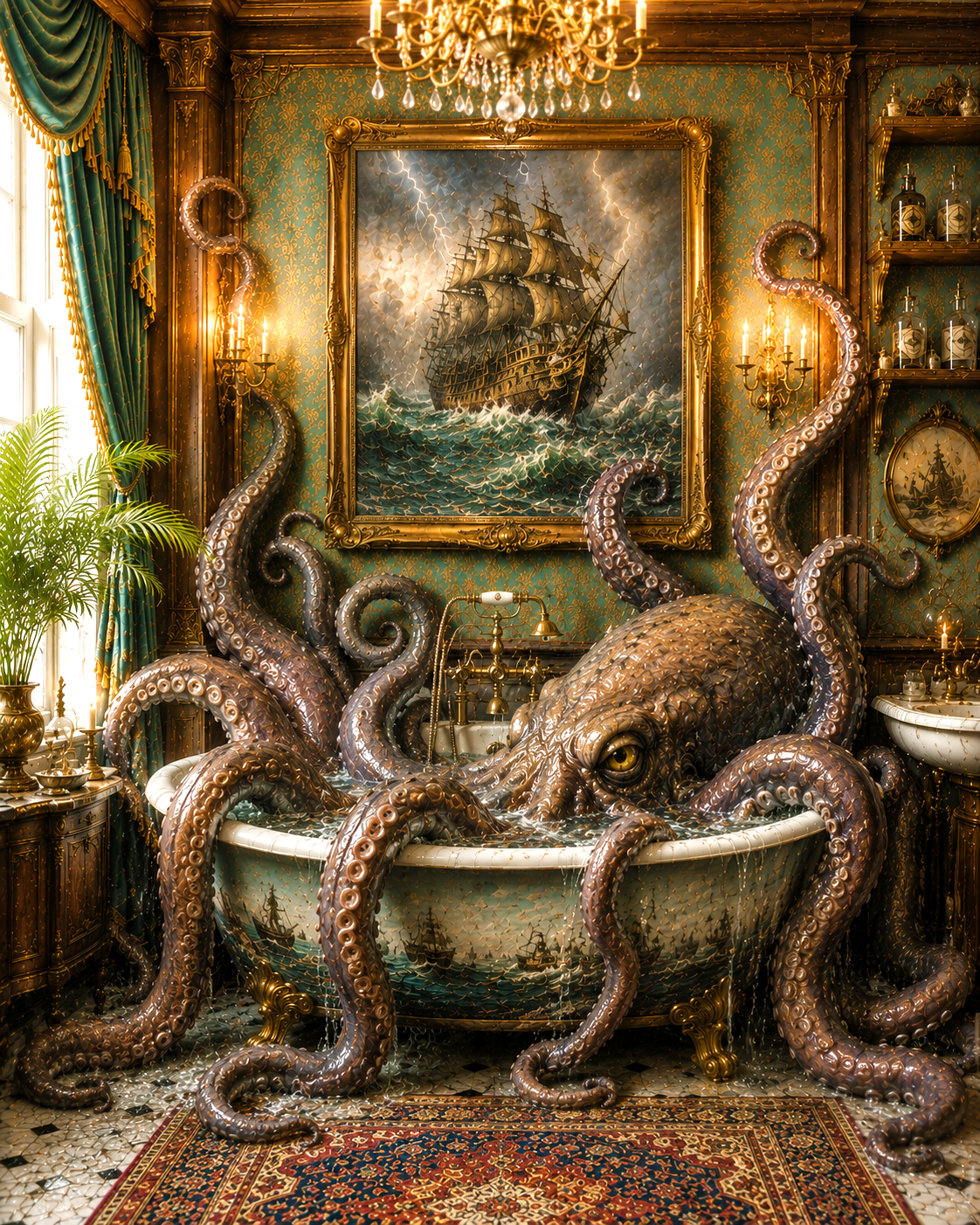 Vintage Nautical Artwork - Giant Octopus in Bathtub - Bathroom Art