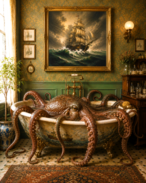 Vintage Nautical Artwork - Kraken in Bathtub - Bathroom Art