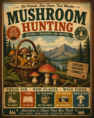 Vintage Retro Mushroom Hunting Poster Art Print