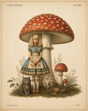Vintage Style Alice and Cheshire Cat Under an Amanita - Mushroom Decor