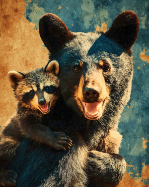 Vintage Style Bear and Raccoon Friends - Black Bear Art Print