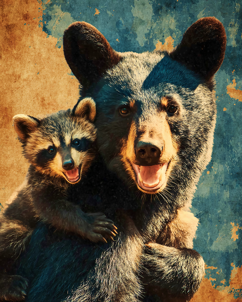 Vintage Style Bear and Raccoon Friends - Black Bear Art Print