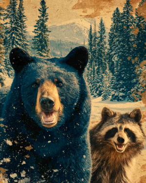 Vintage Style Bear and Raccoon - Black Bear Art Print