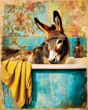 Vintage Style Donkey Artwork - Country Bathtub - Bathroom Art