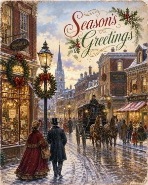 Vintage Style English Street Seasons Greetings - Christmas Art Prints