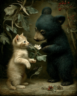 Vintage Style Kitten with Flower Gift - Black Bear Art Print