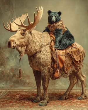 Vintage Style Riding on a Moose - Black Bear Art Print