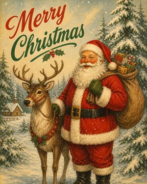Vintage Style Santa Claus with Reindeer - Christmas Art Prints