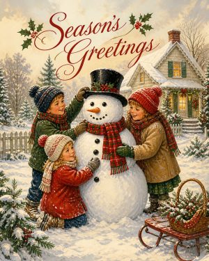 Vintage Style Seasons Greetings Children Snowman - Christmas Art Prints