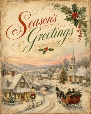 Vintage Style Seasons Greetings - Christmas Art Prints