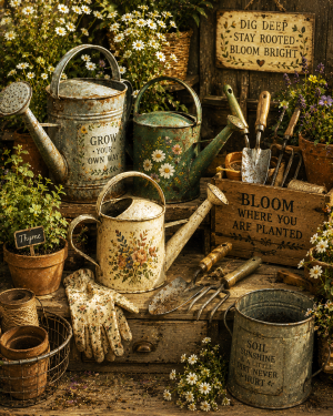 Vintage Style Watering Cans Still Life - Cottagecore Art Prints