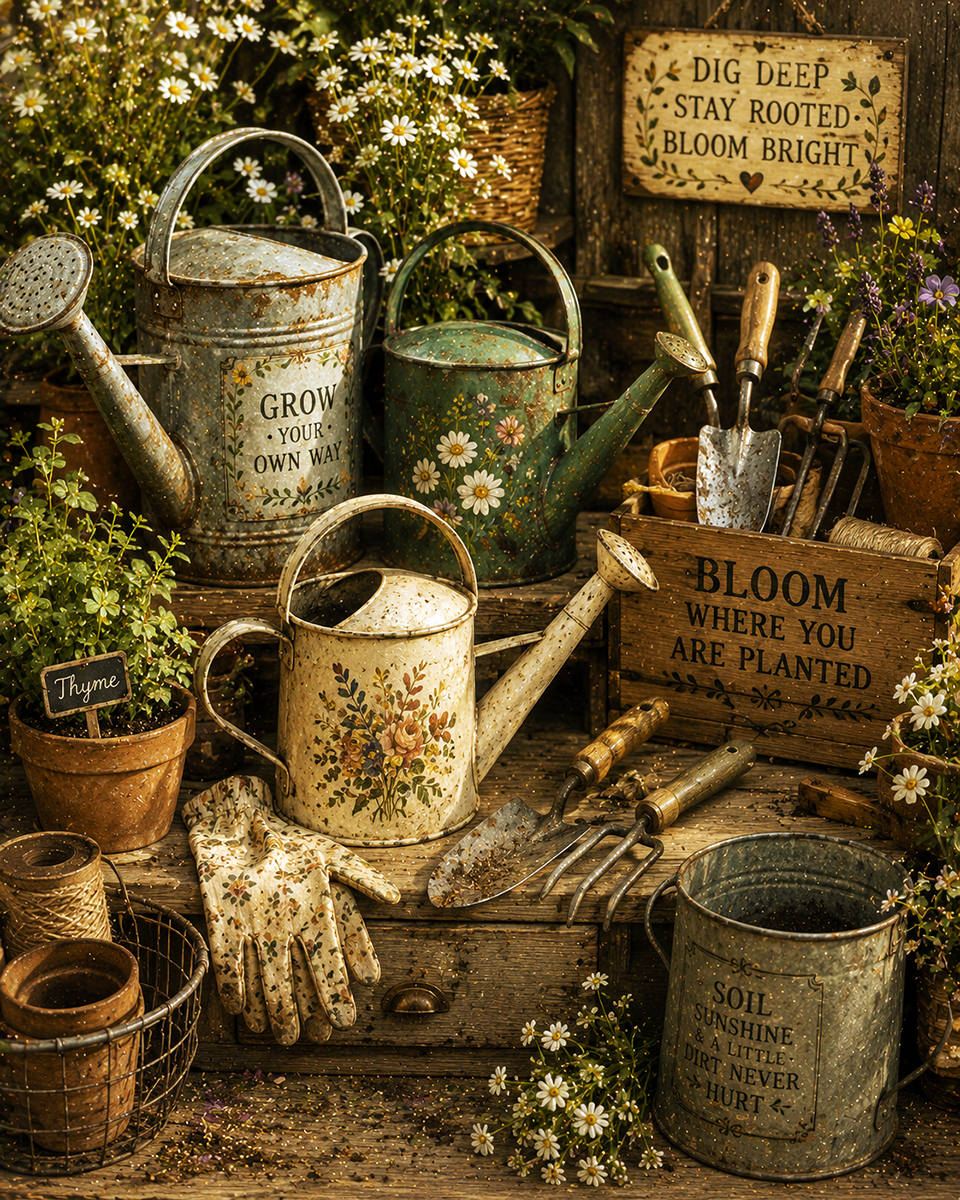 Vintage Style Watering Cans Still Life - Cottagecore Art Prints
